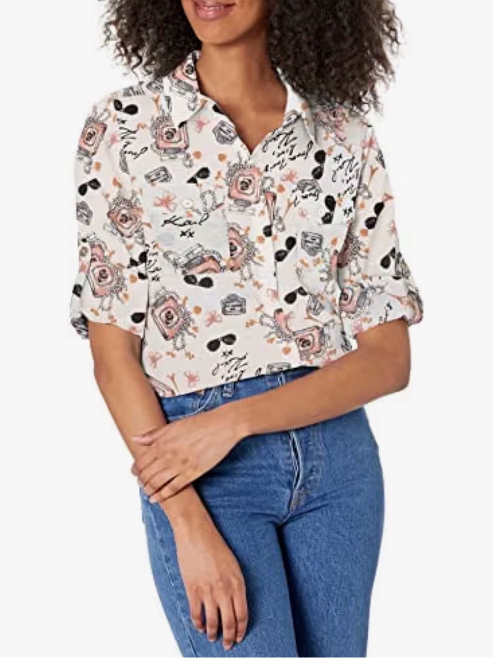 KARL LAGERFELD Whimsical Parisian Graphic Button Up Blouse